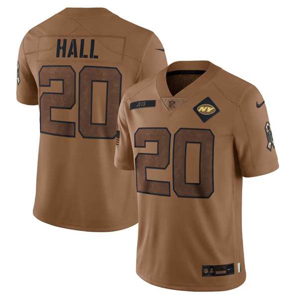Mens New York Jets #20 Breece Hall 2023 Brown Salute To Service Limited Football Stitched Jersey Dyin->new york jets->NFL Jersey